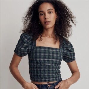 Madewell Hopewell Puff-Sleeve Square Neck Crop Top in Plaid Green
